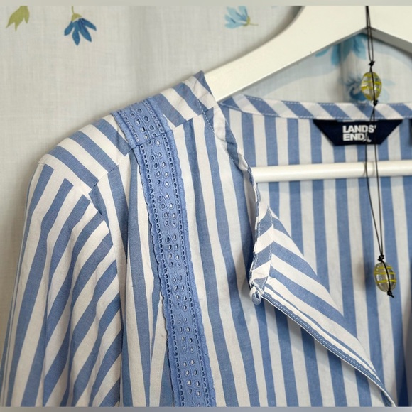 Lands End - Cotton Poplin Split-Neck Dress Sz LP - Chicory Blue Stripe - Picture 3 of 15